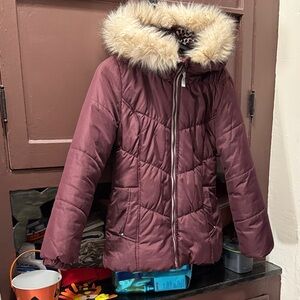 Kids Maroon Winter Jacket with Faux Fur Hood